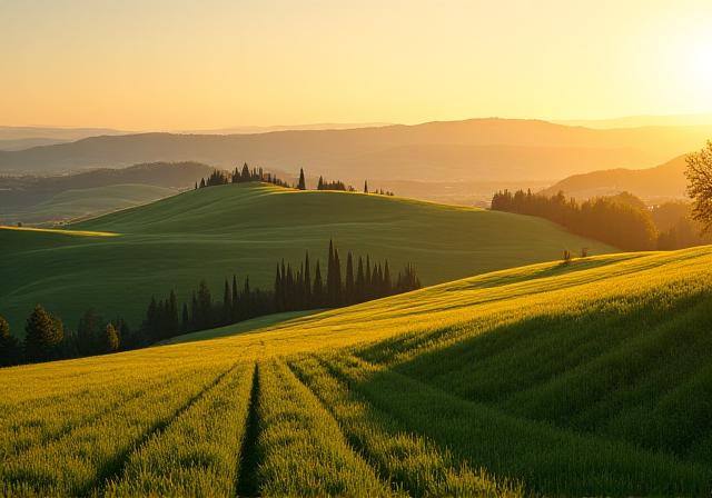 Colline della Val d'Orcia con cipressi.