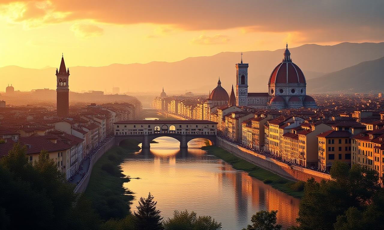 Panoramica di Firenze al tramonto, con il Duomo e l'Arno.